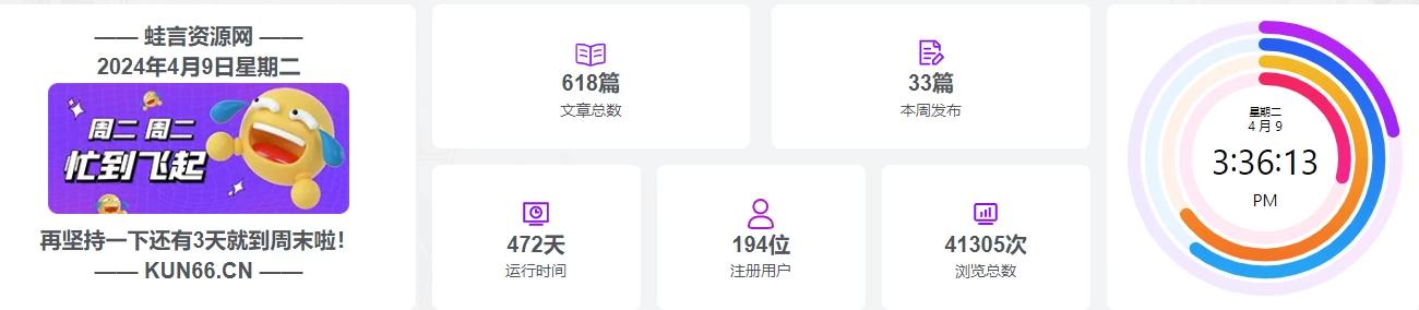 图片[1]-[子比主题美化] – 好看的带时钟横向网站信息统计模块-蛙言网