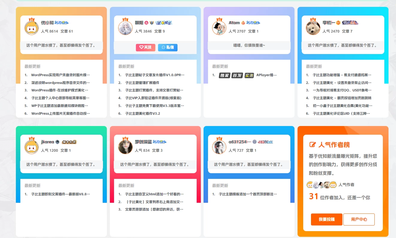 子比主题美化 – 增加人气作者榜展示模块小工具-蛙言小栈