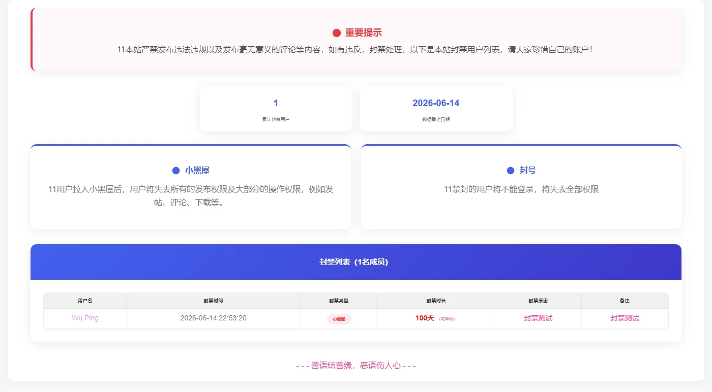 子比小黑屋用户禁封功能，独立页面和小工具展示-蛙言网